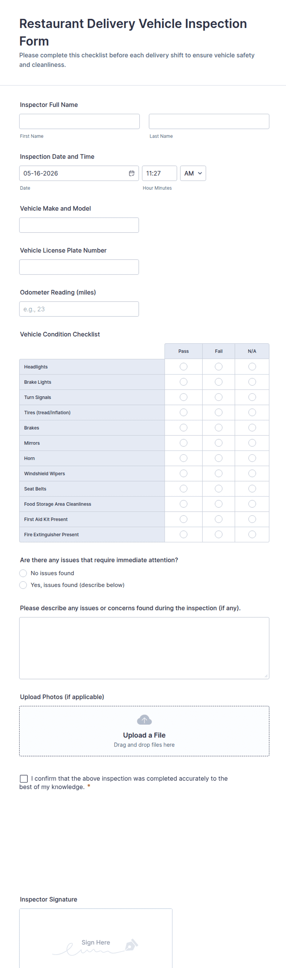 Delivery Inspection Form Example Restaurant Delivery Vehicle Inspection Form Template | Jotform