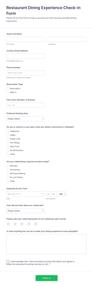Restaurant Dining Experience Check In Form Template