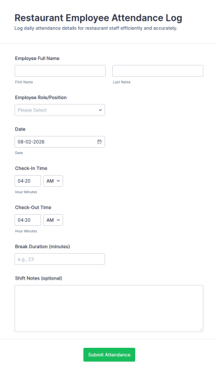 Restaurant Employee Attendance Log Form Template