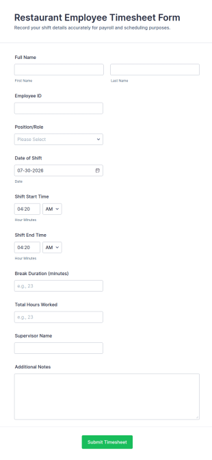 Restaurant Employee Timesheet Form Template
