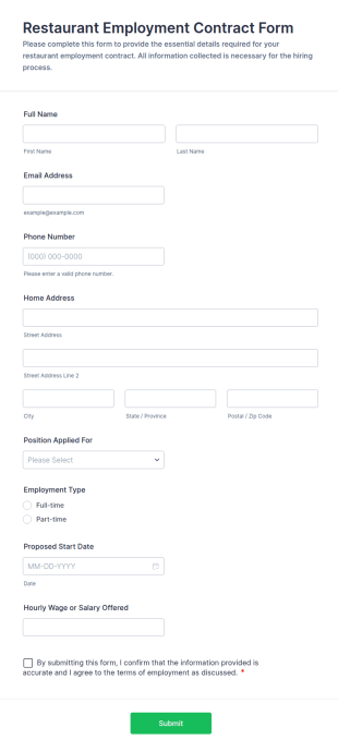 Restaurant Employment Contract Form Template