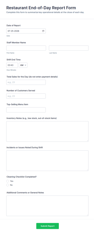Restaurant End Of Day Report Form Template