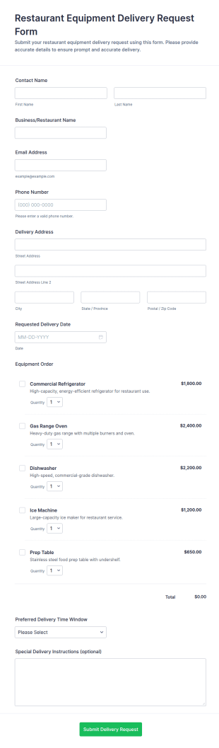 Restaurant Equipment Delivery Request Form Template