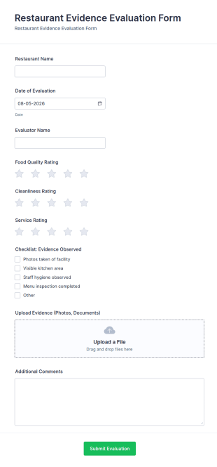 Restaurant Evidence Evaluation Form Template