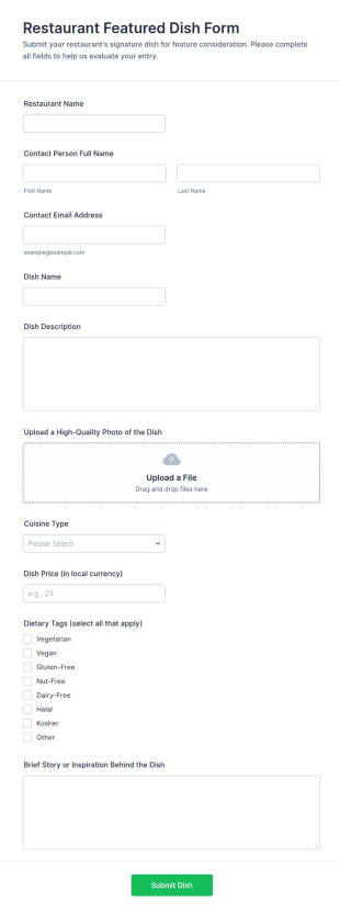 Restaurant Featured Dish Form Template