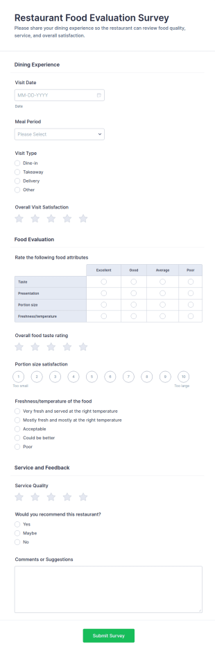Restaurant Food Evaluation Survey Form Template