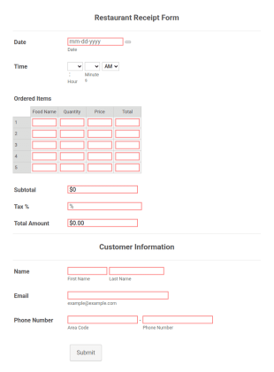 Restaurant Food Order Form Template