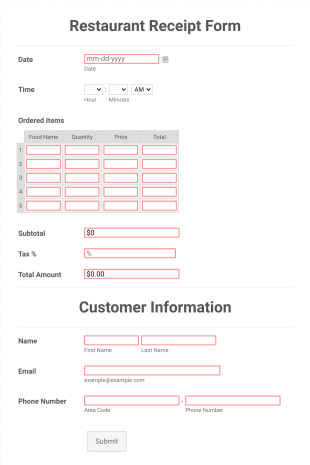 Restaurant Food Order Form Template