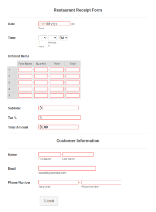 Restaurant Food Order Form Template