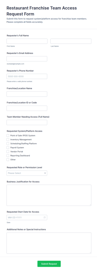 Restaurant Franchise Team Access Request Form Template