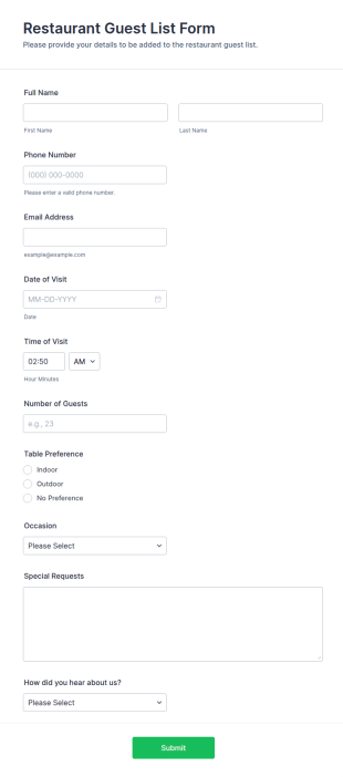 Restaurant Guest List Form Template