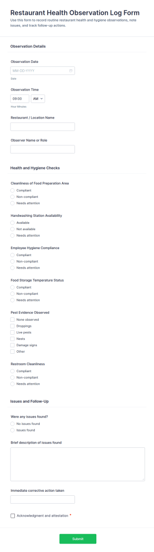Restaurant Health Observation Log Form Template