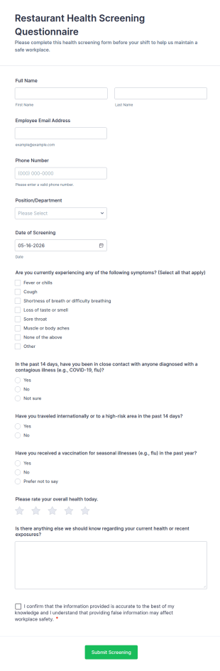 Restaurant Health Screening Questionnaire Form Template