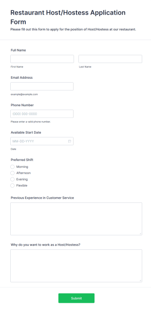 Restaurant Host/Hostess Application Form Form Template