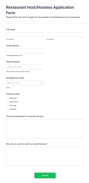Restaurant Host/Hostess Application Form Template