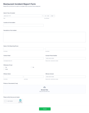 Restaurant Incident Report Form Template