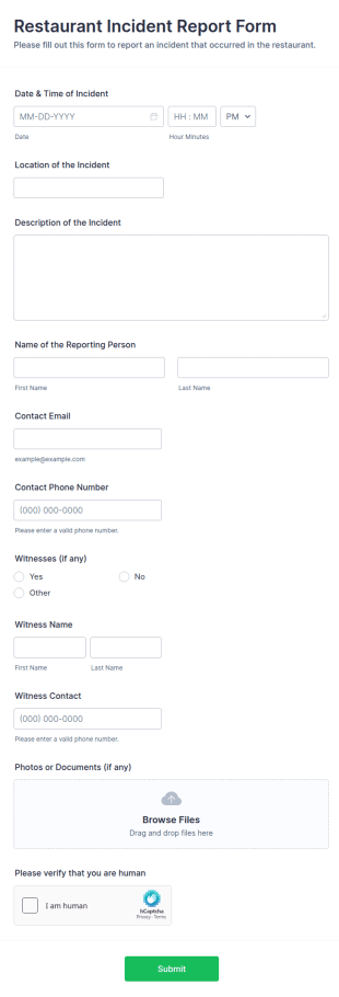Restaurant Incident Report Form Template