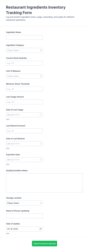 Restaurant Ingredients Inventory Tracking Form Template