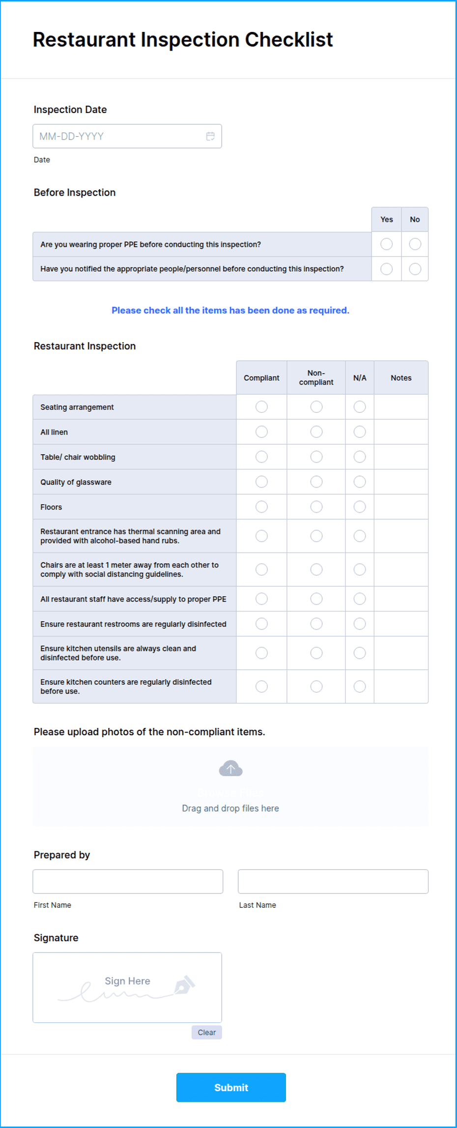 Restaurant Inspection Checklist Form Template | Jotform