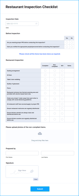 Restaurant Inspection Checklist Form Template