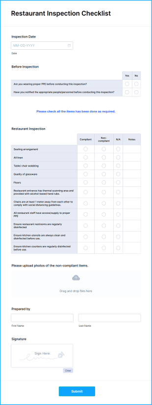 Restaurant Inspection Checklist Form Template