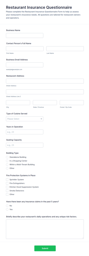 Restaurant Insurance Questionnaire Form Template