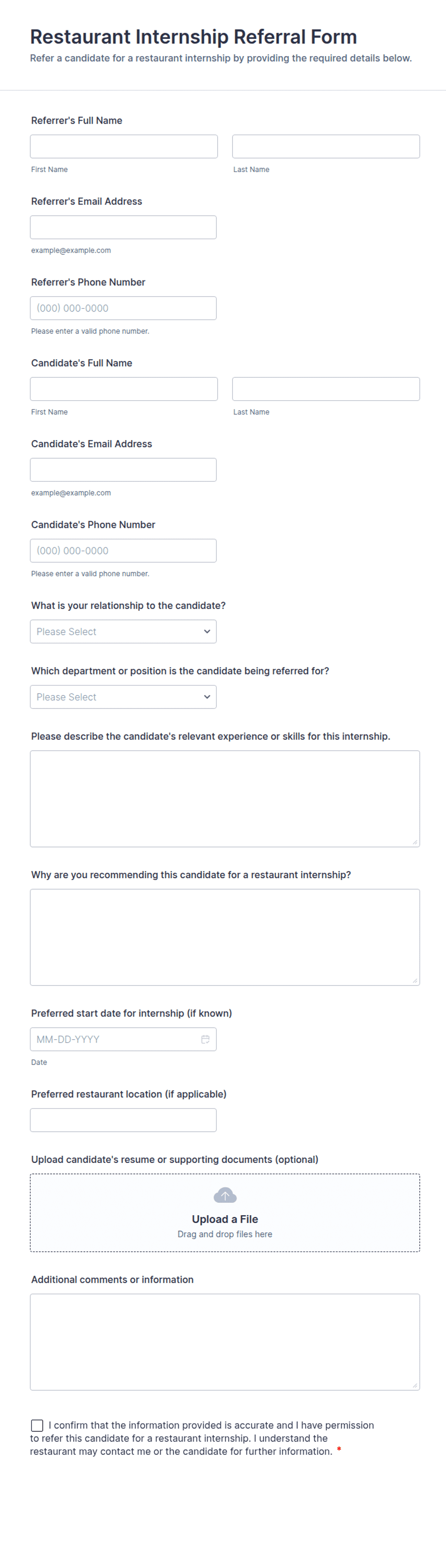 Restaurant Internship Referral Form Template | Jotform