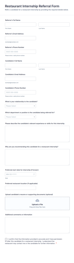 Restaurant Internship Referral Form Template