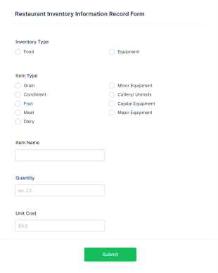 Restaurant Inventory Information Record Form Template