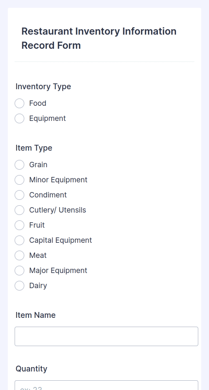 Restaurant Inventory Information Record Form