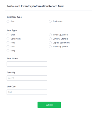 Restaurant Inventory Information Record Form Template