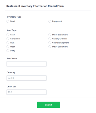 Restaurant Inventory Information Record Form Template