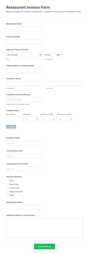 Restaurant Invoice Form Template