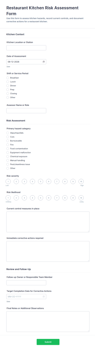 Restaurant Kitchen Risk Assessment Form Template