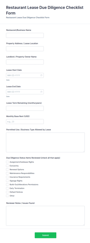 Restaurant Lease Due Diligence Checklist Form Template