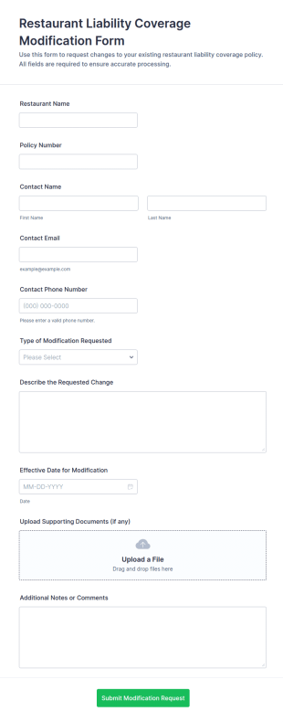 Restaurant Liability Coverage Modification Form Template