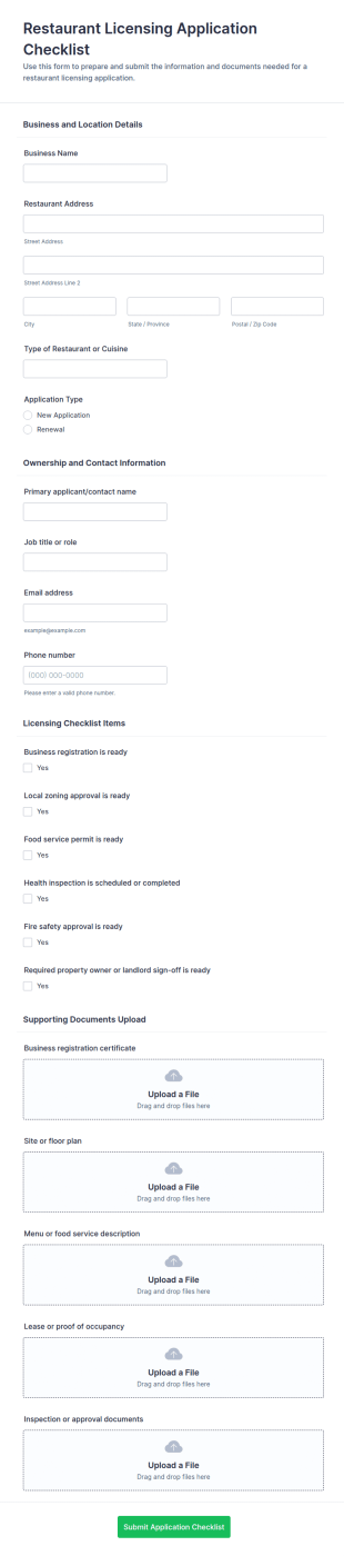 Restaurant Licensing Application Checklist Form Template