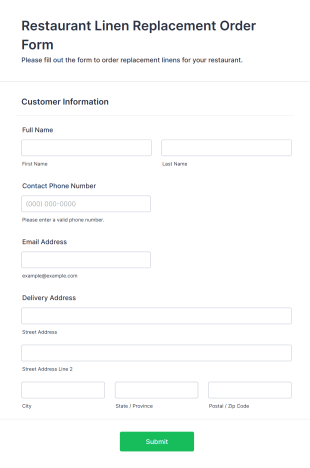 Restaurant Linen Replacement Order Form Template