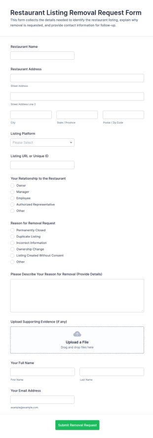 Restaurant Listing Removal Request Form Template