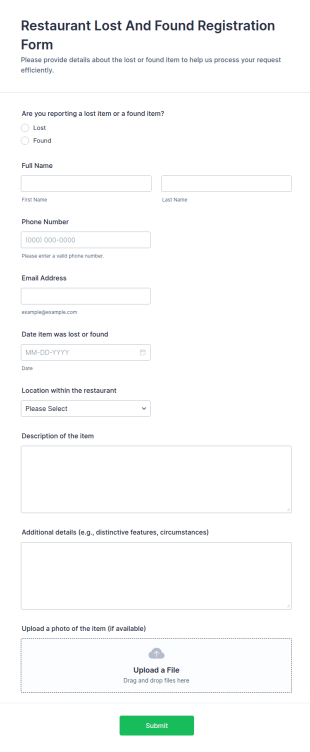 Restaurant Lost And Found Registration Form Template