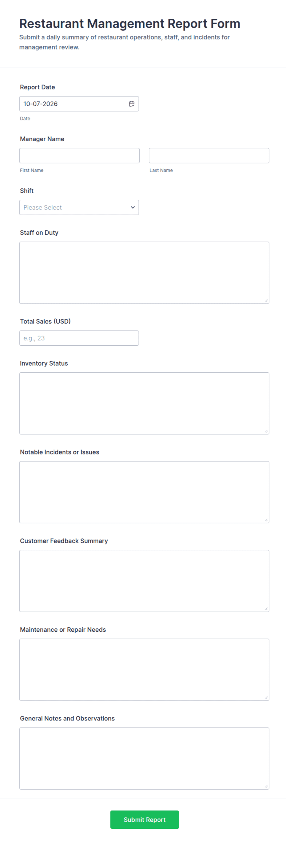 Restaurant Management Report Form Template | Jotform
