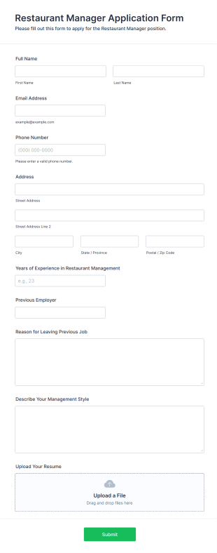Restaurant Manager Application Form Form Template