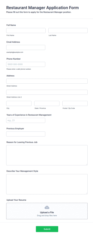 Restaurant Manager Application Form Template