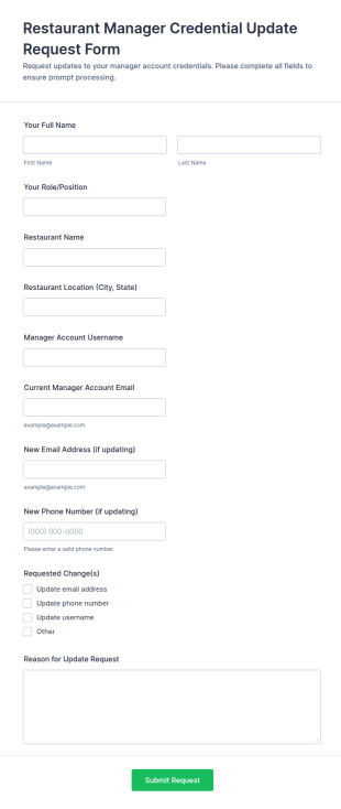 Restaurant Manager Credential Update Request Form Template
