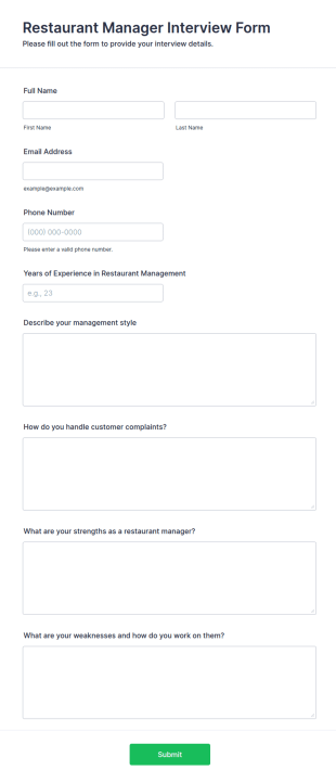 Restaurant Manager Interview Form Template
