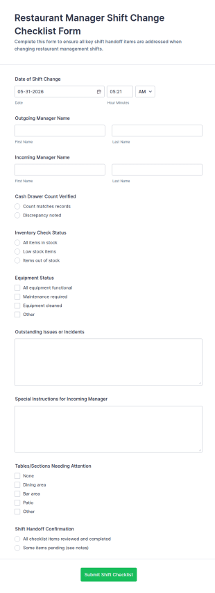 Restaurant Manager Shift Change Checklist Form Template