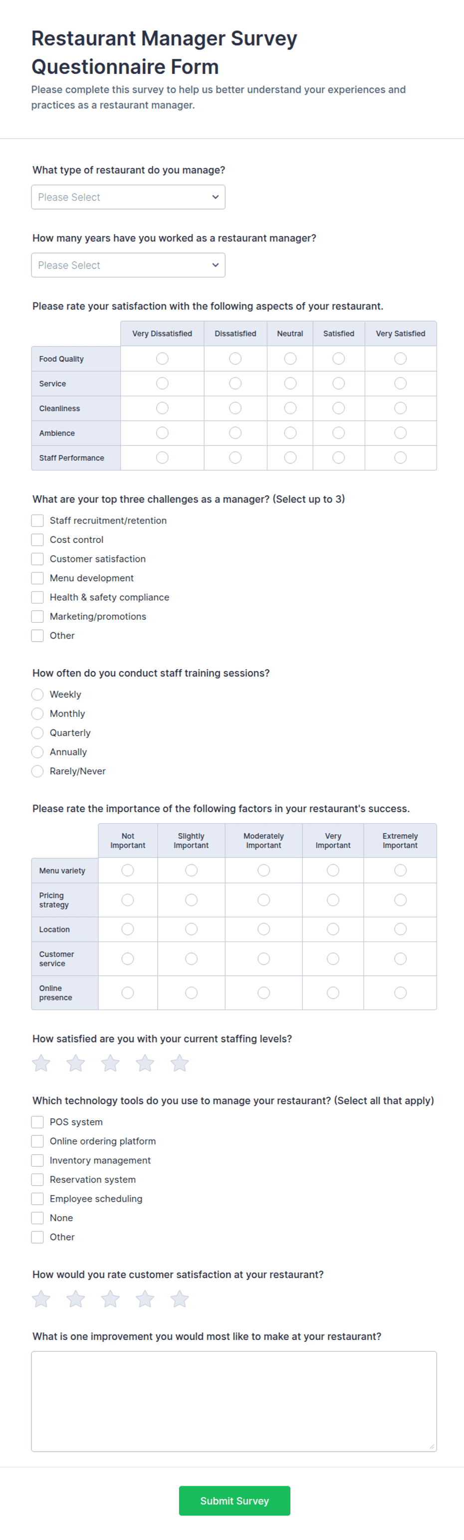 Restaurant Manager Survey Questionnaire Form Template | Jotform