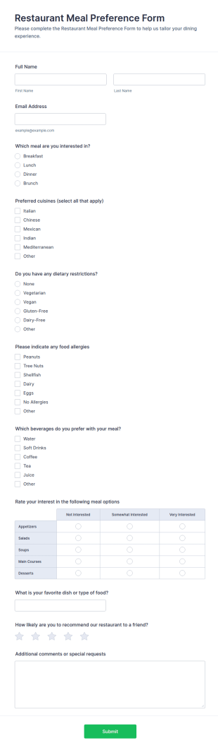 Restaurant Meal Preference Survey Form Template