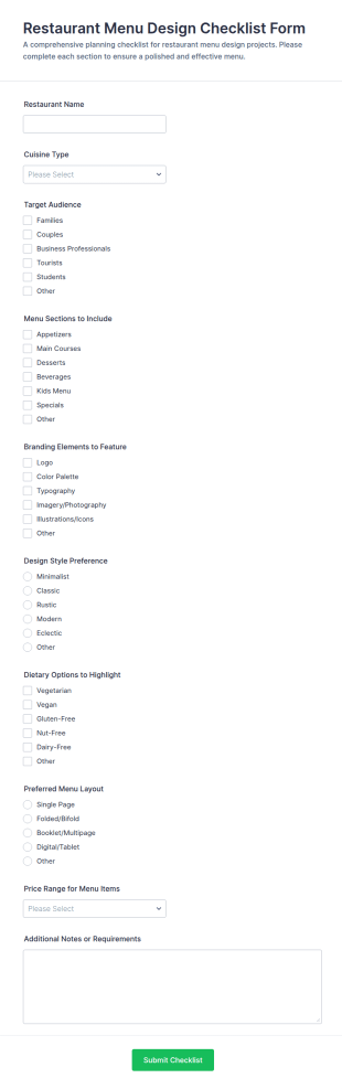 Restaurant Menu Design Checklist Form Template