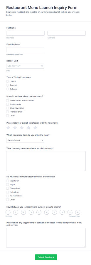 Restaurant Menu Launch Inquiry Form Template